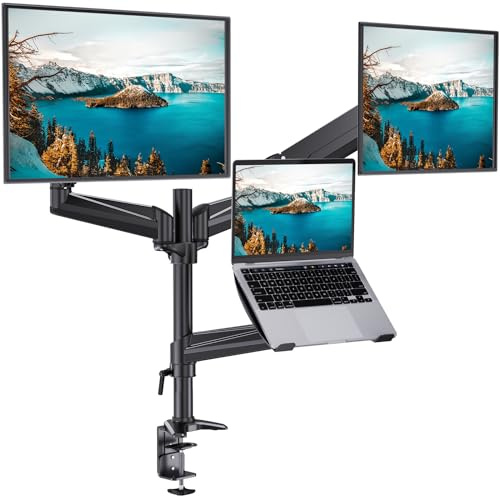 HUANUO Soporte dual para monitor y portátil para monitor máximo de 32 pulgadas y portátil de 17 pulgadas, brazo de resorte ajustable con inclinación, giro y rotación, soporte dual para monitor y