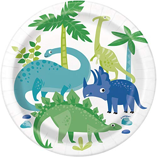 Blue & Green Dinosaur Dessert Plates (17cm) - Fun, Colorful & Adorable Party Tableware - Perfect for Kids Birthdays & Dino-Themed Events - 8ct