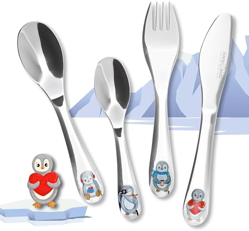 Koru Kids® Kinderbesteck Pinguin – 4-teiliges Set – aus rostfreiem Edelstahl – Esslernbesteck - spülmaschinengeeignet – Kinder Besteck – für Kinder ab 3 Jahren