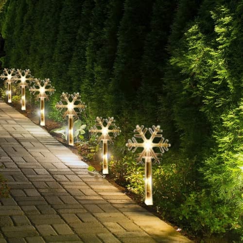 Marco Paul Novelty Set of 8 Christmas Snowflake Stakes Lights - Tall 35cm Lights with 40 LED's Christmas Outdoor Decorations Battery Operated Lights Festive Xmas Decorations for Garden Pathway, Lawn
