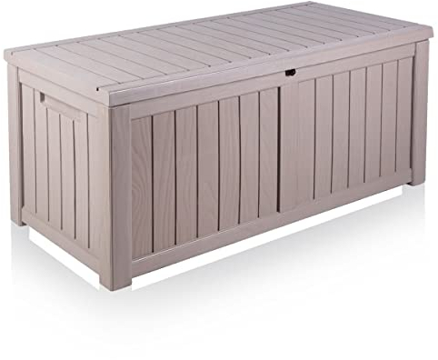 Alfresia 450L Outdoor Storage Box, Garden Storage Container, For Cushions, Tools and Toys, Weather Resistant, Lockable, Grey Wood Effect, Durable, Heavy Duty
