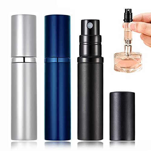 Atomizer Perfume Spray Bottle Travel, POTWPOT 3 Pack Leakproof Portable Mini Refillable Perfume Atomizer Bottle Travel Perfume Bottle and with 5ml Pocket Size (Black & Silver & Blue) (POTXX20)