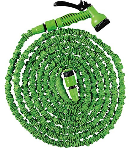 Expandable Green Garden Hose 15m / 50ft – Twist, Kink & Tangle Free Flexible Expanding Garden Water Hose Pipe with Connector & 7-Function Spray Gun Nozzle – Perfect for Outdoor Watering & Washing
