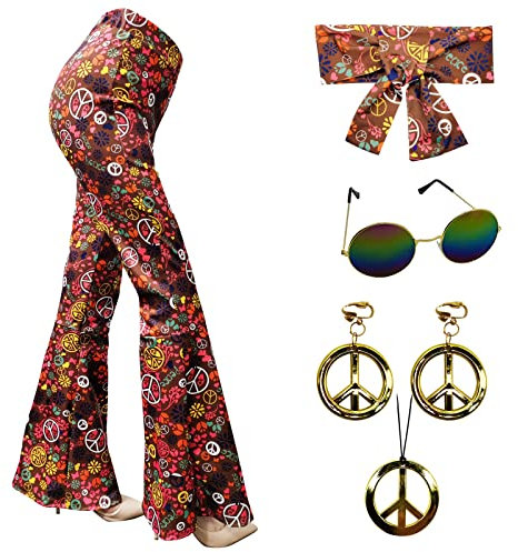 XonyiCos 60er 70er Jahre Frauen Kostüme Zubehör Hippie Hosen Bell Bottom ausgestellte Hosen Yoga Hosen für 70er Jahre Theme Party Halloween Cosplay (Braun, XL)