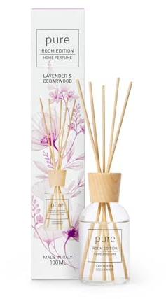 PURE ROOM EDITION 100ml Raumduft Lavendel & Zedernholz: natürliche Inhaltsstoffe, vegan & tierversuchsfrei, Bio-Alkohol, Diffuser mit Stäbchen hergestellt in Italien