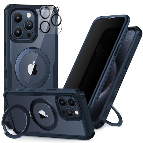 CENHUFO Compatible with iPhone 15 Pro Max Case Built-in Privacy Screen Protector with Magnetic Ring Stand and Camera Lens Protector, Clear Back Cover for iPhone 15 Pro Max Privacy Case -Blue