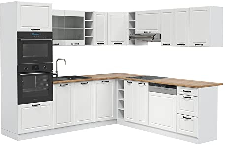 Vicco Eckküche R-Line, Küchenzeile in L-Form, Weiß Landhaus/Weiß, 237 x 247 cm, AP Eiche