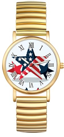 JewelryWe Damenuhr Elastische Uhr Gold: Damen US Amerikanische Flagge Sterne Pentagramm Analog Quarz Armbanduhr Frauen ultradünne Lässige Uhr mit Edelstahl Zugarmband und römischen Ziffern Zifferblatt