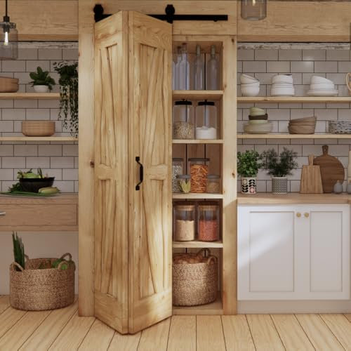 SEART Massive Eichenschiebetür Scheunentür mit Bifold Schiebetürbeschlag 100x210 cm (Naturöl)