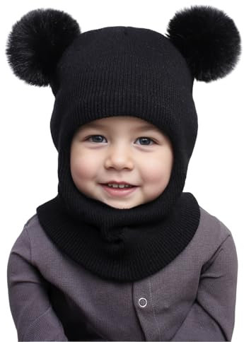 AYPOW Bonnet Cagoule Chaud d'Hiver pour Bébé Enfant de 1 à 6 Ans, Ensemble Chapeau Écharpe Multifonction Thermique Coupe-Vent pour Filles Garçons Tout-Petits, Chapeaux Masque Tricoté Doublé en Polaire