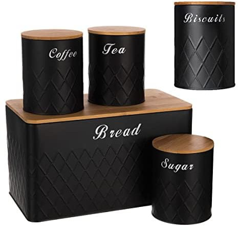 Black Bread Bin and Canister Set – Tea Coffee Sugar Storage Tins Biscuit Barrel and Round Jar Set with Airtight Bamboo Lids, Stylish and Durable Metal Storage Solution for Modern and Organized Kitchen