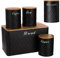 Black Bread Bin and Canister Set – Tea Coffee Sugar Storage Tins Biscuit Barrel and Round Jar Set with Airtight Bamboo Lids, Stylish and Durable Metal Storage Solution for Modern and Organized Kitchen