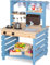 BRINJOY Schlammküche, Spielküche Kinder Zweiseitige Holz-Matschküche für draußen mit realistischem Wasserhahn, abnehmbarem Waschbecken, Kochspielzeug, Menü – Rollenspielküche für Kleinkinder (Blue)