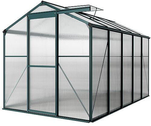 XEMQENER 10x6 FT Polycarbonate Greenhouse, Large Garden Greenhouse with Sliding Door and Ventilation Window, Aluminum Frame Walk-in Greenhouses for Plant, Flower, 190x313x183 cm, Green