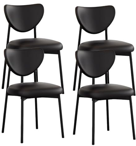 Mid Century Moderner Esszimmerstuhl-Set, PU-Leder, Kissen, Metallbeine, breite geschwungene Rückenlehne, stilvolle Esszimmerstühle für Küche und Wohnzimmer, Schwarz, 4 Stück