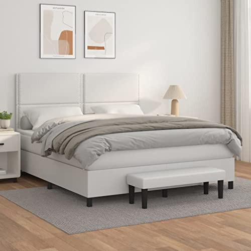 Holamys Boxspringbett mit Matratze Weiß 180x200 cm, Kunstleder, höhenverstellbares Kopfteil, Taschenfederkernmatratze, mittelfeste Unterstützung, Möbel für Schlafzimmer