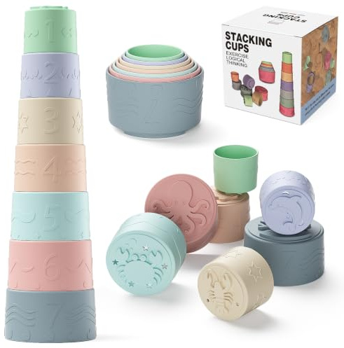 Jouet Bebe Gobelets Empilables pour 3, 6, 12 Mois, Silicone Jouet Doux et Dentaire, avec Gravures de Créatures Marines Uniques et Chiffres, Jeu de Bain, Jeux Bebe Cadeau pour 1 Ans Garçons Filles