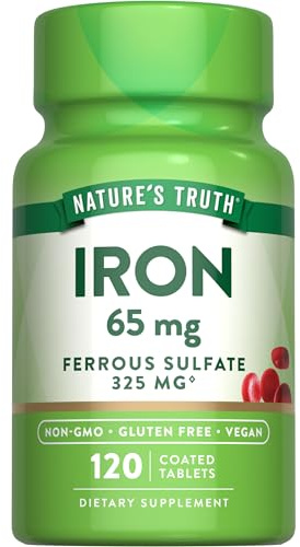 Nature's Truth Iron Supplement | 65mg | 120 Tablets | 325mg Ferrous Sulfate | Non-GMO & Gluten Free Pills