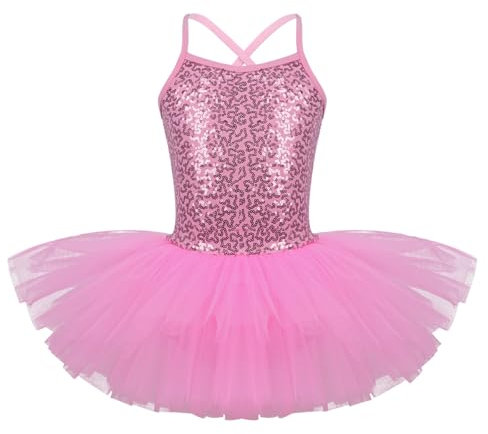 IINIIM Enfant Fille Princesse Robe de Danse Tutu Ballet paillettes Collant Costume Rose 7 -8 Ans