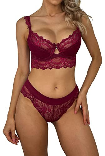Bluewhalebaby Sexy Lingerie Push Up Padded Underwire Embroidered Lace Bra and Panty Set Red 34B