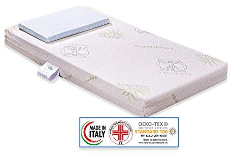 Materasso per culla lettino ALOE DREAM antisoffoco misura 64x124 cm alto 12 cm con rivestimento sfoderabile e lavabile in lavatrice con cuscino antisoffoco in omaggio.
