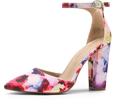 DREAM PAIRS Women's Coco High Heels Chunky Pumps,Floral,3.5