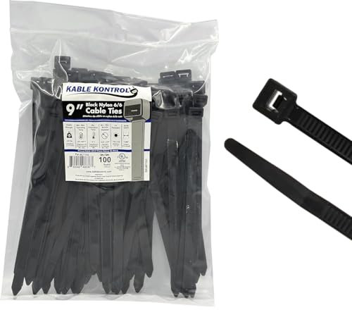 Kable Kontrol Black Cable Ties, 230 mm x 12.4 mm, Pack of 100, 9 Premium Nylon Zip Ties, Multi-Purpose Plastic Tie Wraps, Secure Self-Locking Mechanism, for Home, Garden, Office and DIY