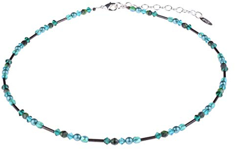 Adi-Modeschmuck zarte Glaskette “Anni”, hochwertige Mischung aus verschieden geformten Glasperlen und geschwärzten Messingröhrchen in attraktiven Farben, handgefertigt in Berlin (Petrol)