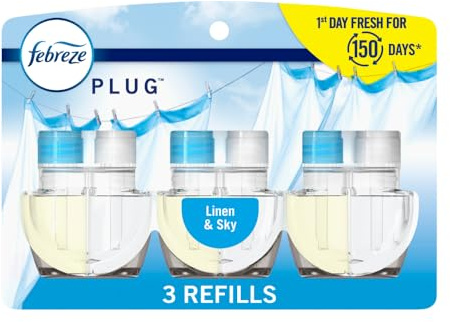 Febreze Plug-In Air Freshener, Odor-Fighting Scented Oil Refill, Air Fresheners for Home and Bathroom and Kitchen, Long Lasting for Strong Odors, Linen & Sky Scent, 0.87oz Refills, 3 Count (Pack of 1)