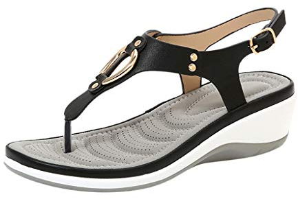 Slipper Sandalen Damen Metall Bequeme Flip Flops Wedges Freizeitschuhe (37,Schwarz)