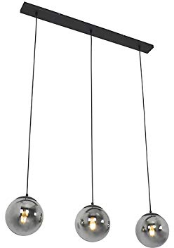 Qazqa - Art Deco Art Deco Hängelampe I Pendellampe I Pendelleuchte schwarz mit Rauchglas 3-flammig-Licht - Pallon Mezzi I Wohnzimmer I Schlafzimmer - Länglich - LED geeignet E27