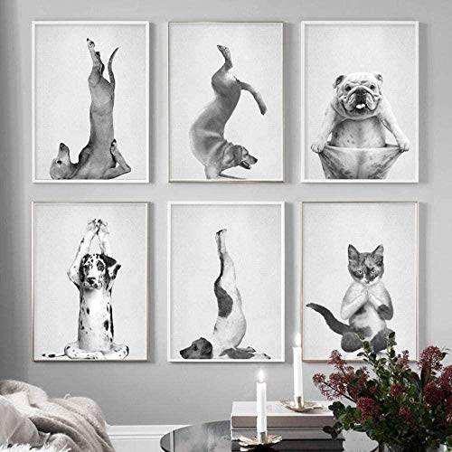Tanzen Yoga Katze Hund Poster Lustige Katze Hund Wand Bilder Schwarz Weiß Tier Poster Gemälde Kunstdrucke Leinwand Gemälde Gemälde Yoga Zimmer Home Gym Dekor Wandbilder D13146