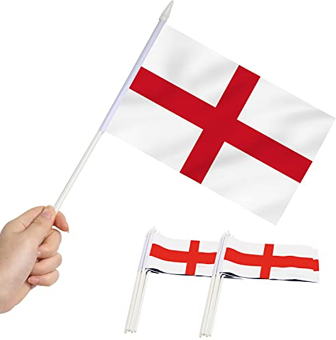 Anley England Mini Flag 12 Pack - Petits drapeaux anglais miniatures tenus dans la main sur bâton - Couleurs vives et résistantes à la décoloration - 5 x 8 pouces avec pôle solide et dessus de lance
