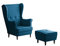 Ohrensessel Leo Loungesessel - Moderner Retro-Stoffsessel mit Holzbeinen -Sessel mit Armlehnen & Ohren - gepolsterter Stuhl für Esszimmer, Wohnzimmer und Büro (Blau, Mit Hocker)