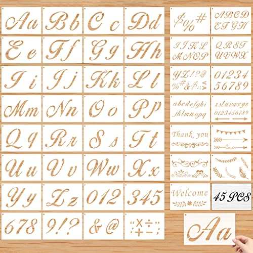 Buchstaben Schablonen, 45 Stück Kunststoff Alphabet Buchstaben Zahlen Schablonen Groß Klein Buchstaben Zeichenschablonen Wiederverwendbar Malerei Schablonen für Holz Wand Fenster Kuchen Scrapbook DIY