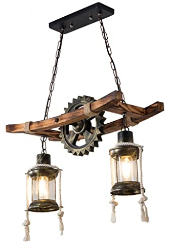FUMIMID Vintage Pendelleuchte Rustikale Holz Industrielle Kronleuchter Höhenverstellbar Eiche Hängeleuchte Metall Lampenschirm Aus Glas Esstisch Esszimmer Droplight Schlafzimmer Wohnzimmer Leuchte