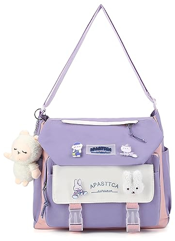 DKIIL NOIYB Kawaii Umhängetasche mit Kawaii-Bär-Anhänger für Mädchen, lässige Kawaii-Kuriertasche, Segeltuch, Hobo-Tasche, mehrere Taschen, Kawaii-Tasche für Damen, A01-a B Purple, 32