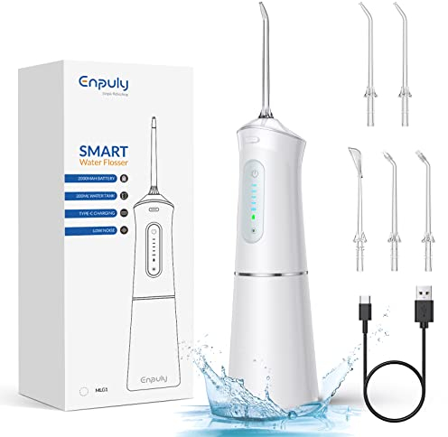 ENPULY Munddusche Testsieger 2023, 200ML Munddusche Kabellos, Water Flosser 5 Modi & 5 Düsen, Zahndusche Zahnspangen,Zahnzwischenraumreiniger für Reisen, Oral Irrigator für Familie & Freunde