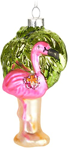 BRUBAKER Flamingo Pink mit Palme Weihnachtskugel aus Glas - Handbemalt und Mundgeblasen - Christbaumschmuck Lustig - Christbaumkugel Figuren Weihnachtsdeko Anhänger - Deko Baumkugel