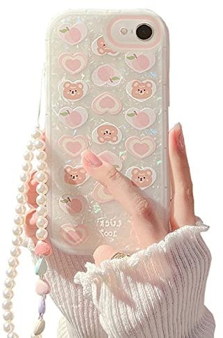 Fycyko Compatible with iPhone 7/8/SE Case with Phone Charm Chain, Cute Bear Love Heart Pattern with Pearl Bracelet Sparkly Phone Case Camera Protection