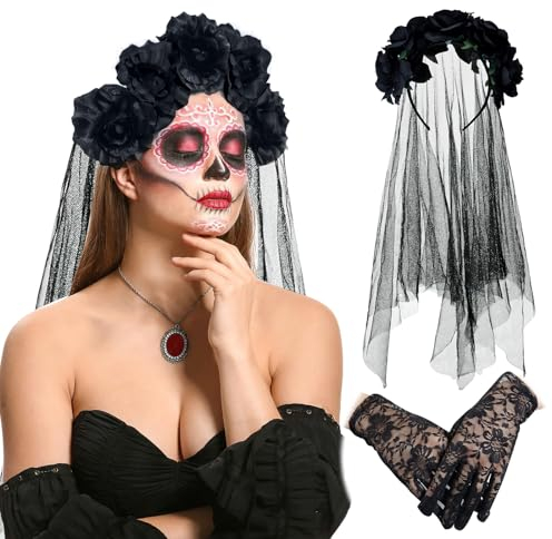 ACTOYS Cerchietto Halloween dia de los Muertos, Velo di Halloween, Velo da Sposa Nero, Giorno dei Morti Cerchietto a Fiori, Velo Sposa Gotico, Accessori per Costume di Halloween Carnevale, Mascherata