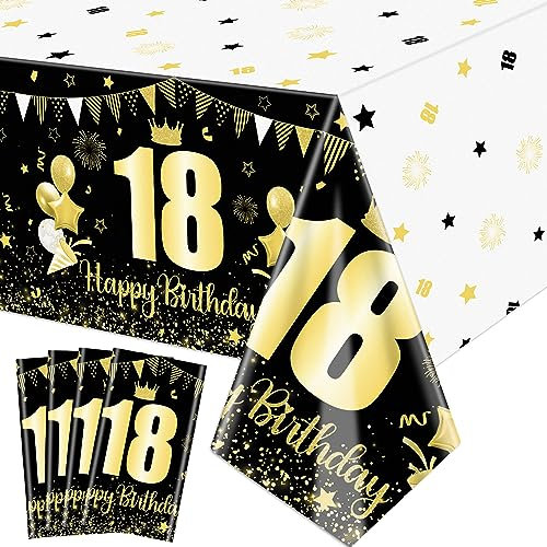 18.schwarz und Gold Party Tischdecken - 4Pcs Gold schwarz Geburtstag Dekorationen Tischdecke rechteckige Tischdecke Geburtstag Tischdekorationen für innen oder außen, 130x220cm