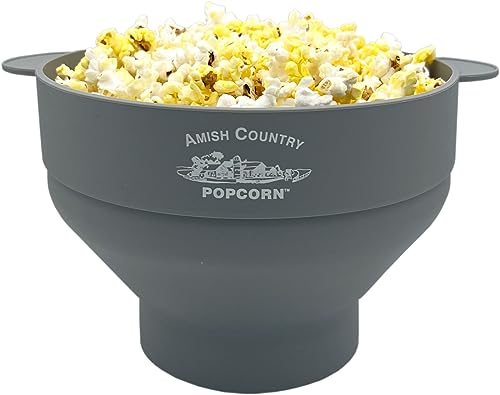 Amish Country Popcorn | Popper pliable en silicone pour micro-ondes avec logo ACP personnalisé | Bol à popcorn sans BPA et PVC avec poignées | Passe au lave-vaisselle | Comprend des sacs de grains de