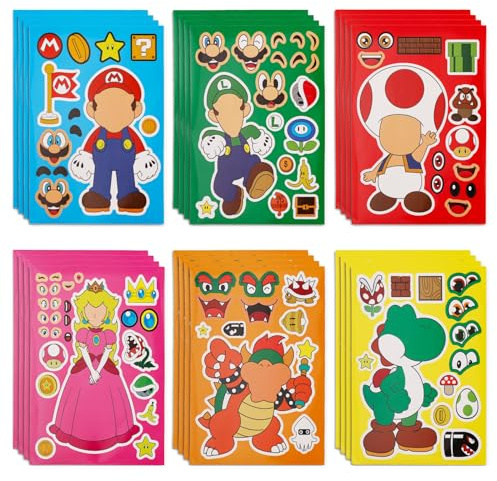 Sidesea DIY Make a Face Stickers, 24PCS Super Stickers Art Craft Make Your Own Stickers Mario Face Stickers for Birthday Party Supplies Party Favors Stickers Gift Set Crafts Make Your Own for Kids