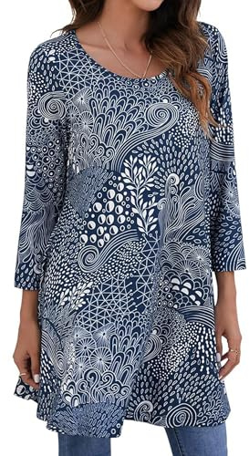 Enmain Tunic Tops for Women UK Blue Top Ladies Long Swing-top to wear with Leggings Womens 3/4 Sleeve Longline Blouses Casual Tunics Shirts,Navy Blue,4XL