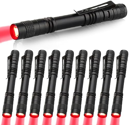 MVIOCS Linternas LED rojas, mini, linterna de bolsillo impermeable con clip, pequeñas linternas de luz roja para trabajo, astronomía, aviación, observación nocturna (paquete de 10 luces rojas)