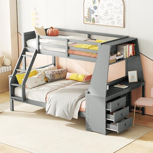 Kehun Kinderbett Etagenbett 90×200 & 140×200 mit Leiter, Hochbett Doppelbett mit Tisch und 3 Stauraum Schubladen für 3 Kinder, Holzbett mit Rausfallschutz und Lattenrost, Grau, Ohne Matratze