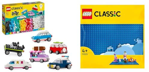 LEGO Classic Kreative Fahrzeuge, Bausteine-Set für Bunte Modellautos inkl. LKW & Classic Blaue Bauplatte, quadratische Grundplatte mit 32x32 Noppen als Basis Sets