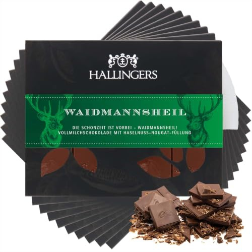 Hallingers Genuss Manufaktur Schokolade Jäger-Geschenk - Tafel Edelkakao handgeschöpft ohne Alkohol edler Karton 10x Waidmannsheil Haselnuss, Jagd-Geschenkidee für Jäger