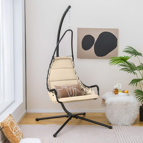DREAMADE Hängesessel mit Gestell, Hängesessel Für Indoor und Outdoor, Hängeschaukel Hängesitz, Hängestuhl mit Stabiler Standfuß für Garten Balkon (Beige)